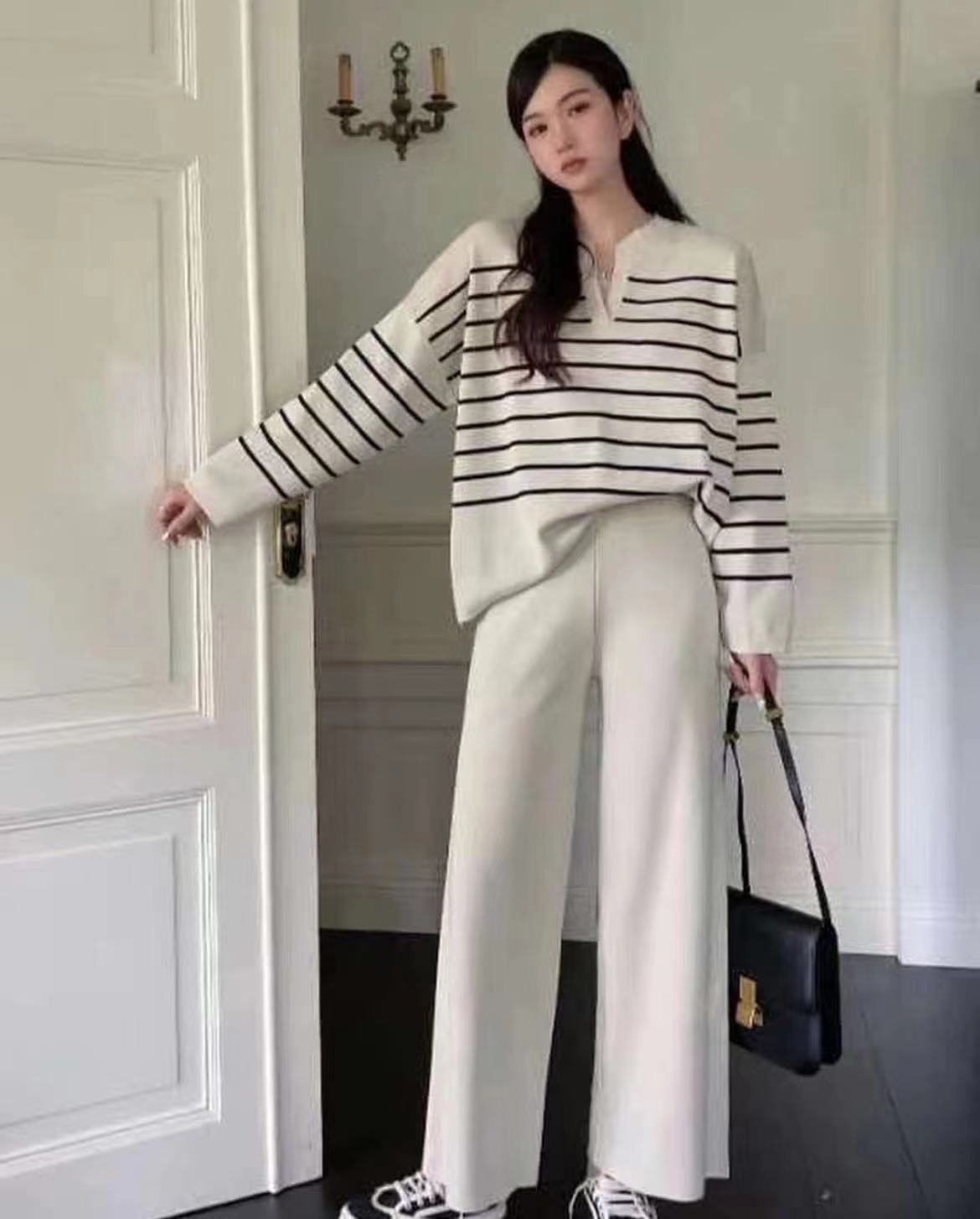Dames Gebreide Set Streepjes Broek en Top Tweedelig