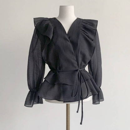 Dames Blouse Rood met Strikceintuur en Overslag