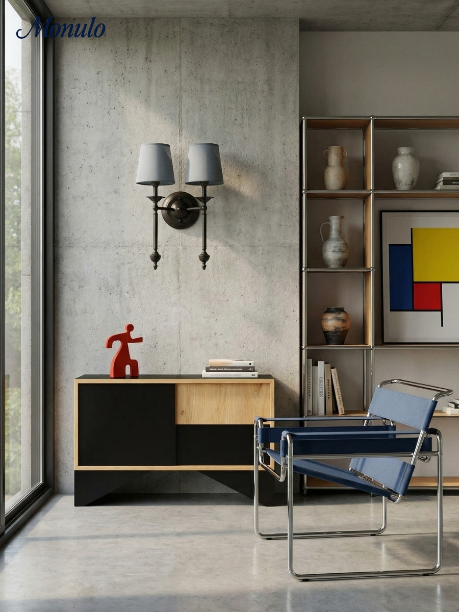 Stoffen Wandlamp met Vintage Koperen Afwerking – Sfeervolle Verlichting voor Hal, Slaapkamer en Woonkamer