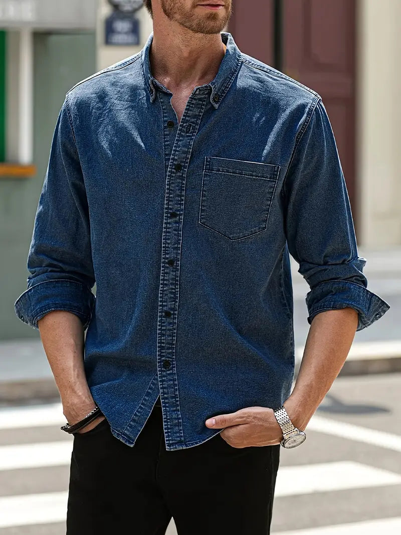 Klassieke Blauwe Denim Shirt Lange Mouwen Casual Stijl