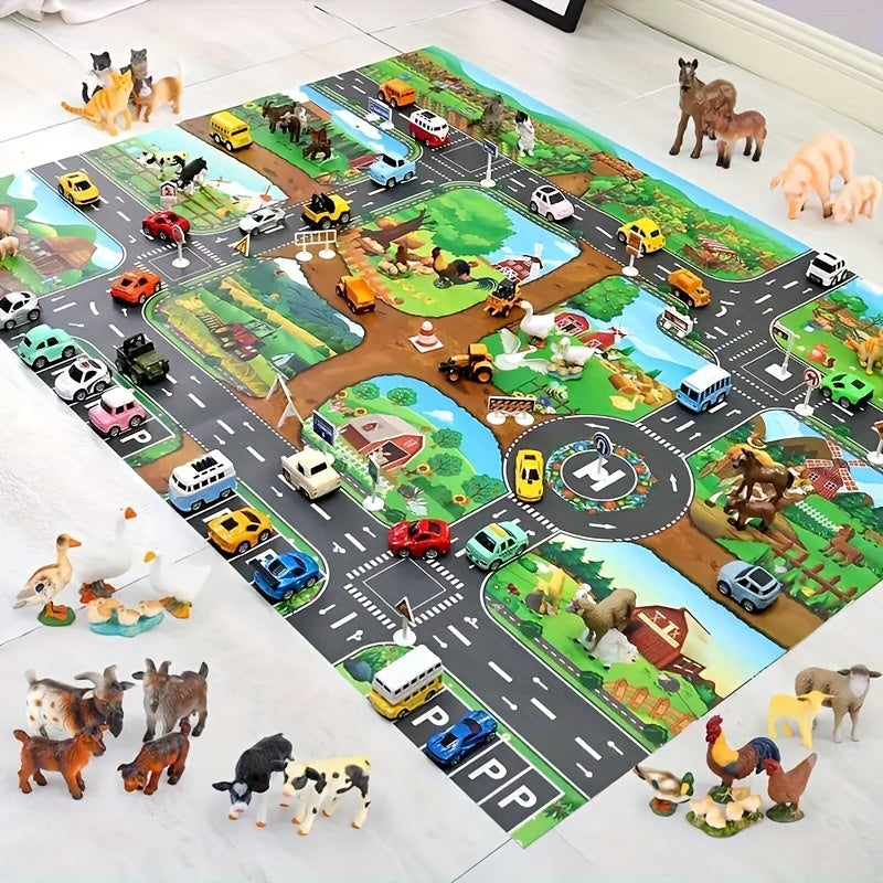 Speelkleed Kinderen 100x130cm Boerderij Wegen Antislip Speelmat Speelgoedauto's Dieren Verkeerskleed Kinderkamer Vloerkleed