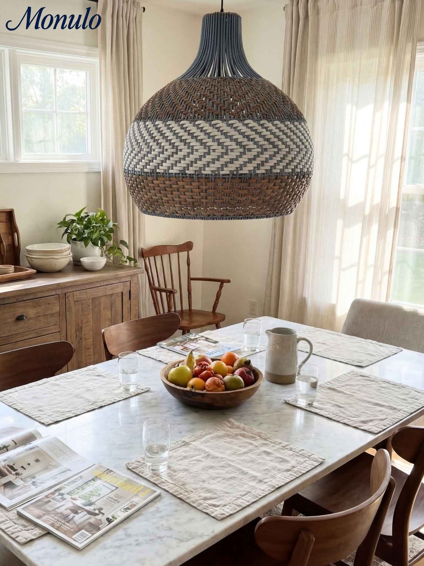 Handgeweven Rotan Hanglamp Blauw Vintage Kap Eetkamer Keuken Woonkamer Scandinavisch Lichtarmatuur