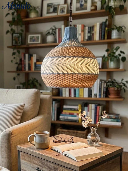 Handgeweven Rotan Hanglamp Blauw Vintage Kap Eetkamer Keuken Woonkamer Scandinavisch Lichtarmatuur