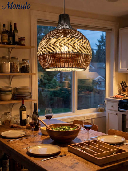 Handgeweven Rotan Hanglamp Blauw Vintage Kap Eetkamer Keuken Woonkamer Scandinavisch Lichtarmatuur