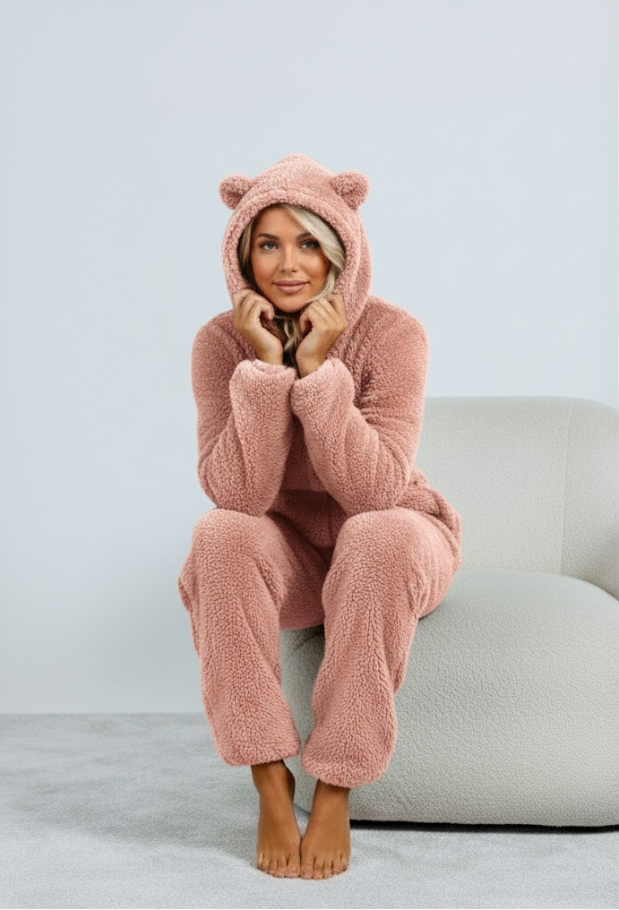 Dames Teddy Onesie Zacht met Beren Oortjes Comfortabele Pyjama