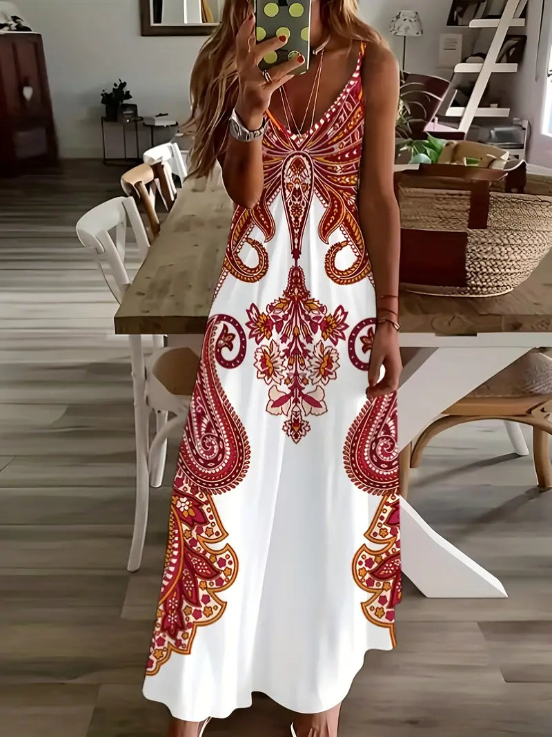 Vrouwelijke Zomerjurk Bloemenprint Maxi Jurk met V-Hals