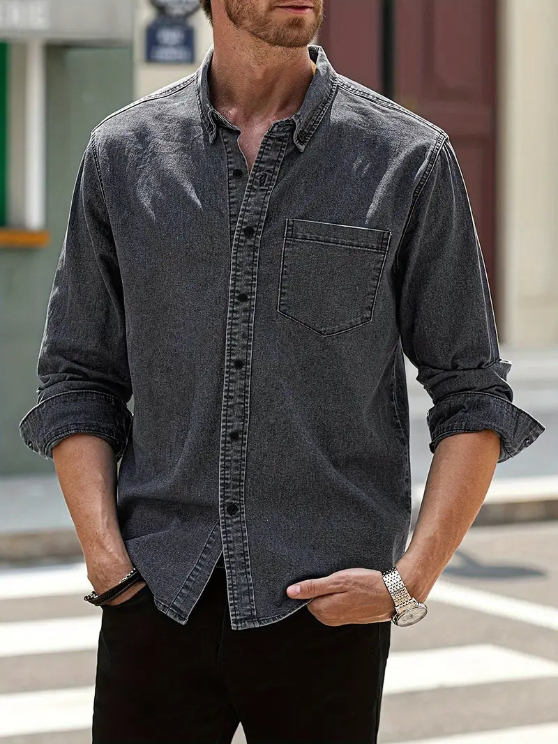 Klassieke Blauwe Denim Shirt Lange Mouwen Casual Stijl