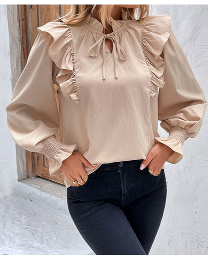 Dames Blouse Beige Ruches Romantische Stijl