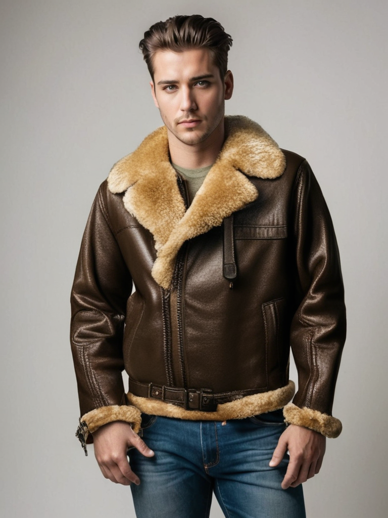 Heren Leren Jas Warm met Bontkraag en Sherpa Lining