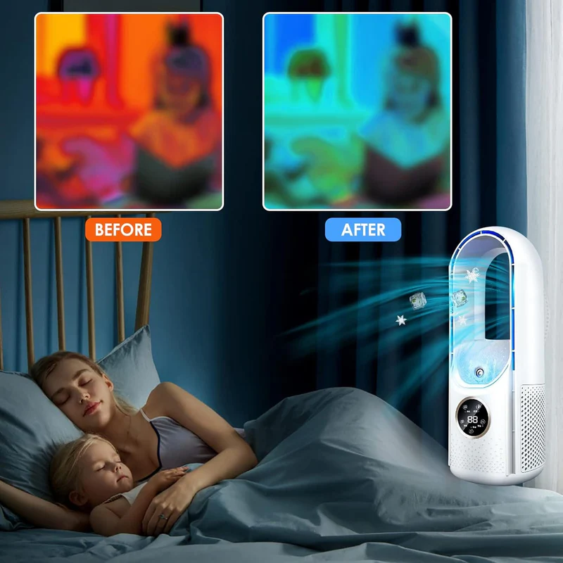 Draagbare Bladeloze Luchtbevochtiger met Stille Werking voor Thuis en Kantoor – Compact USB Koelventilator met 6 Snelheden en Timer – Energiezuinige Persoonlijke Airco voor Werkplek en Slaapkamer