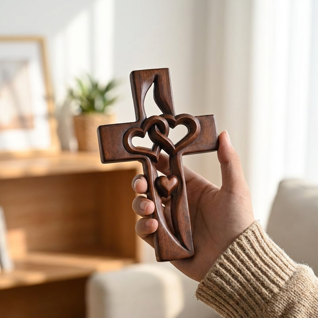 Houten Wandkruis met Gevlochten Harten — Decoratieve Wandversiering voor Geloofsmomenten