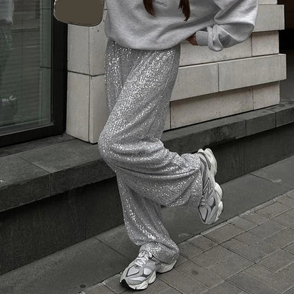 Dames Pantalon Glimmer Broek met Pailletten en Wijd Model
