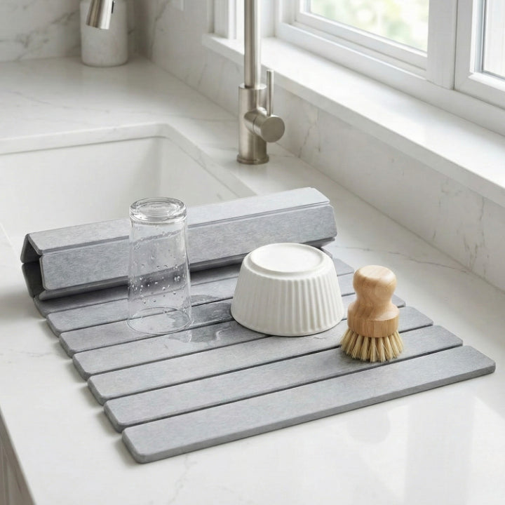 Droogmat van Diatomeeënaarde Opvouwbaar Wit Grijs Keuken Sneldrogend Afdruipmat voor Servies Glas Afdruiprek Waterabsorberend Natuursteen Werkbladmat