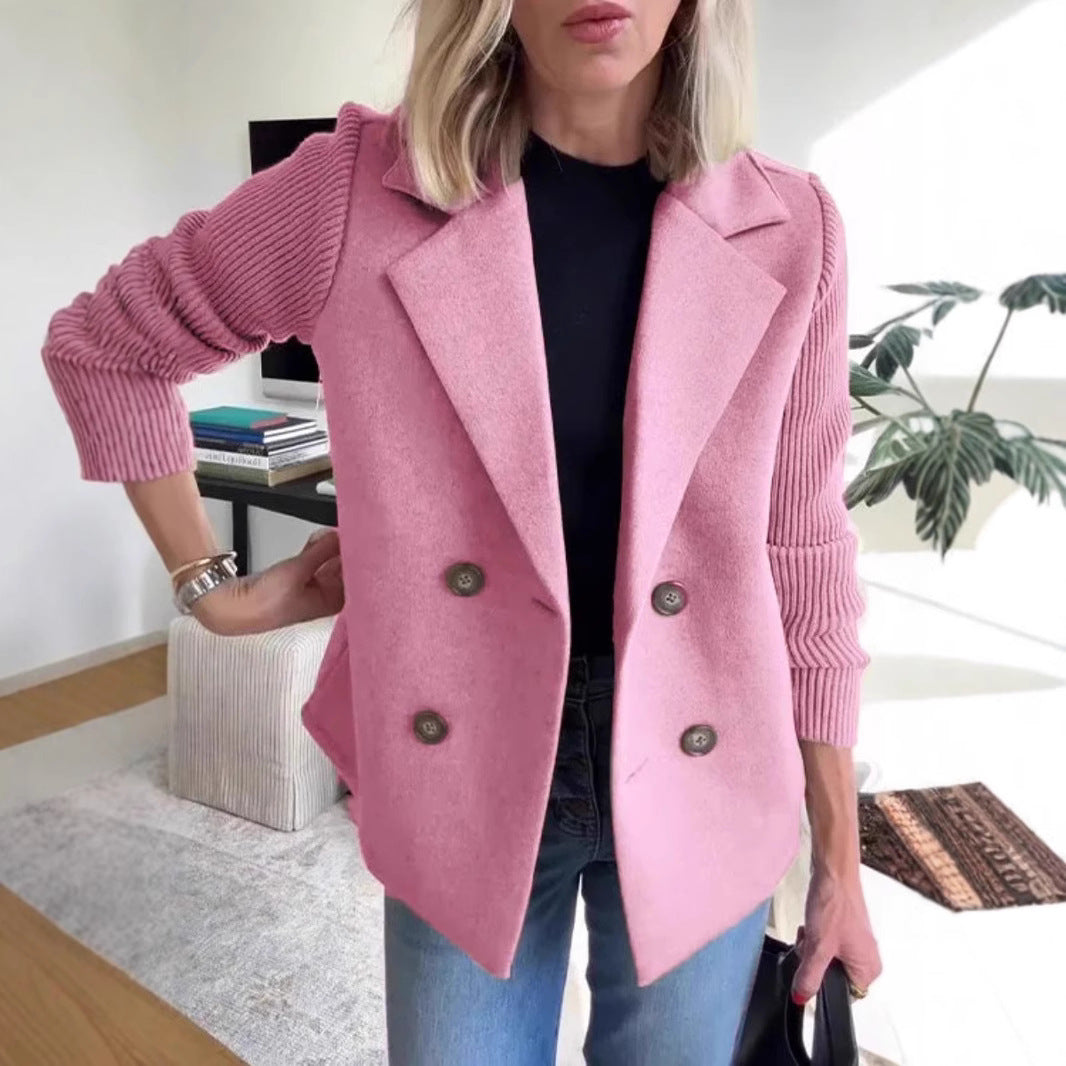 Dames Blazer Wollen Look Gebreide Mouwen Dubbele Knoopsluiting