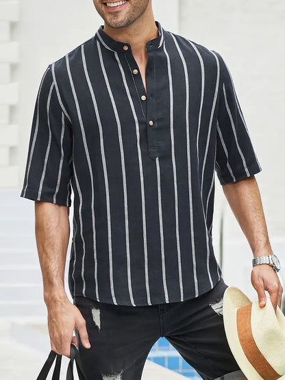 Mannen Zomerhemd Korte Mouwen Strepen Henley Stijl