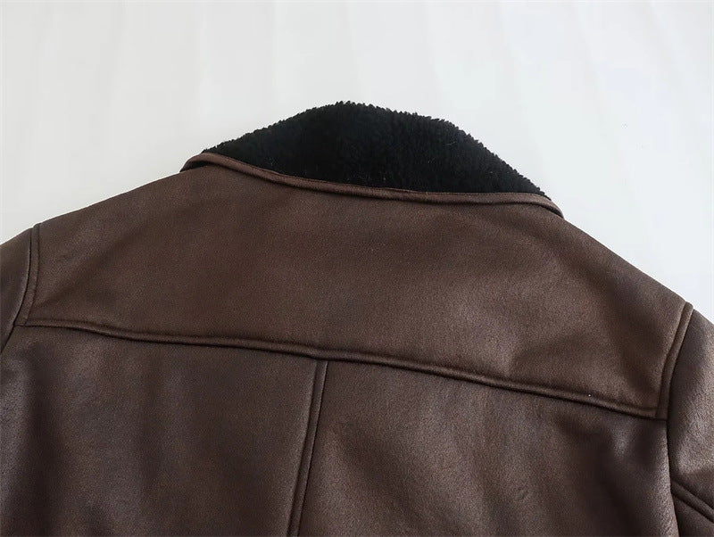 Dames Leren Pilotenjas Oversized Teddy Voering Met Zakken