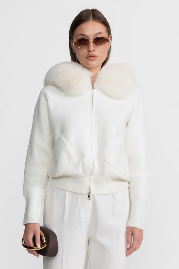 Dames Hoodie Wollen Ivoor Met Bontkraag - StudioMarella