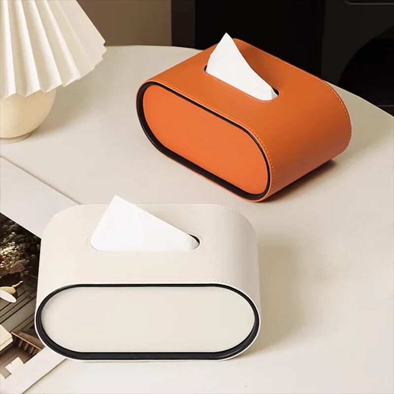 Tissuebox Leer Ovaal 22x13x10cm Woonkamer Bureau Nachtkastje Luxe Tissuehouder Oranje Beige Grijs Decoratief Interieur