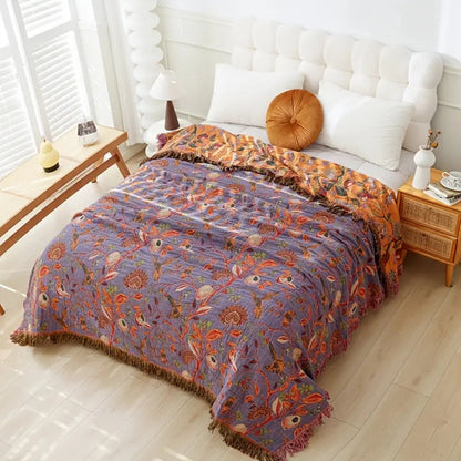 Botanische Katoenen Plaid met Kwasten – Gebloemde Jacquardweving Omkeerbaar Bedsprei Bankkleed Fauteuil Deken voor Alle Seizoenen