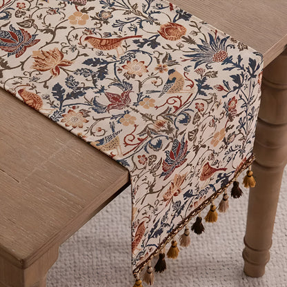 Vintage Jacquard Tafelloper met Vogel & Bloemmotief – Landelijke Elegantie met Kwastjes