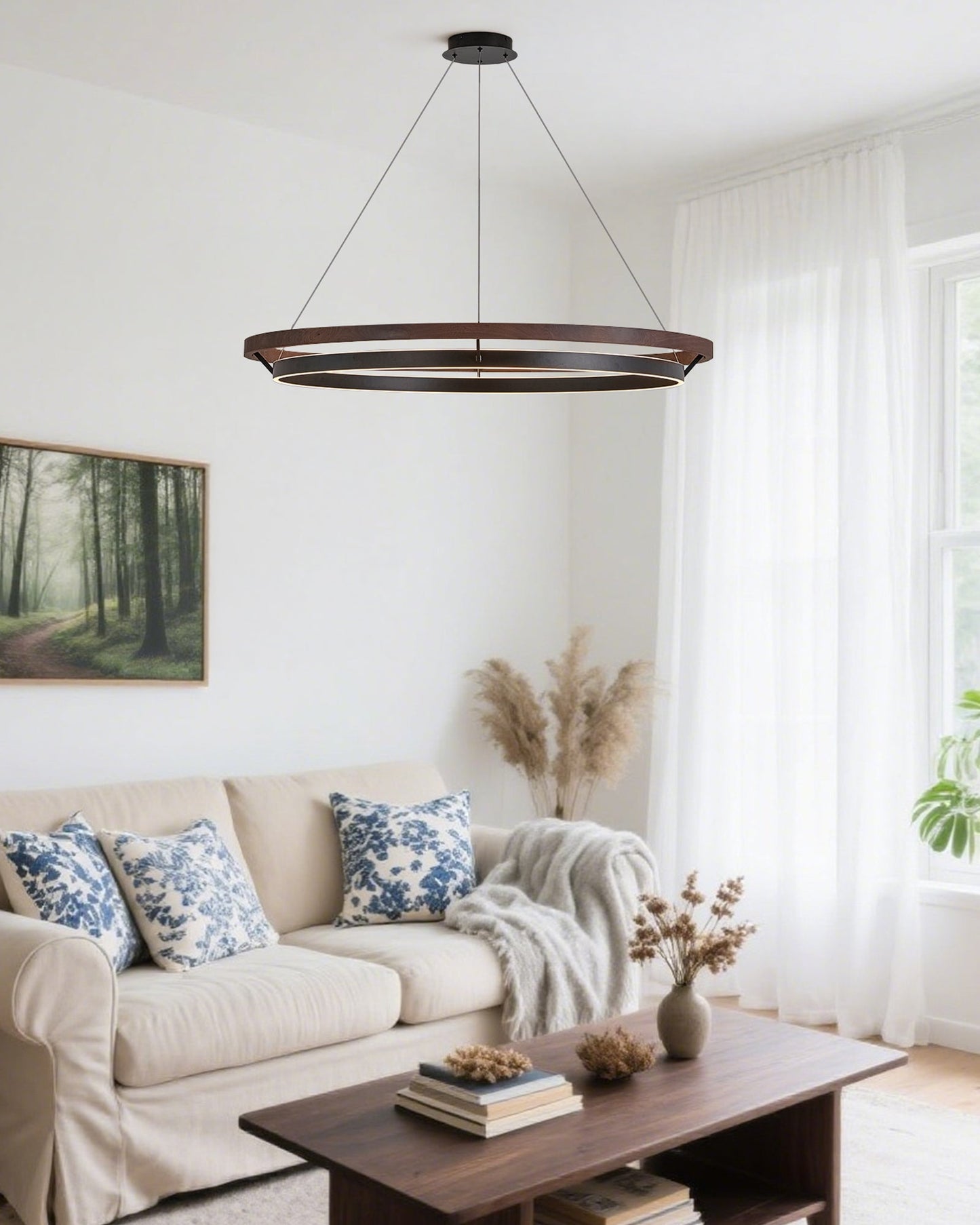 Houten Ringkroonluchter LED Ingebouwd Warm Wit Dimbaar Eetkamer Woonkamer Plafondlamp Modern Farmhouse