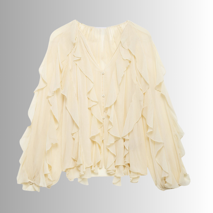 Vrouwelijke Blouse Ruches Doorzichtige Mouwen Romantisch Design