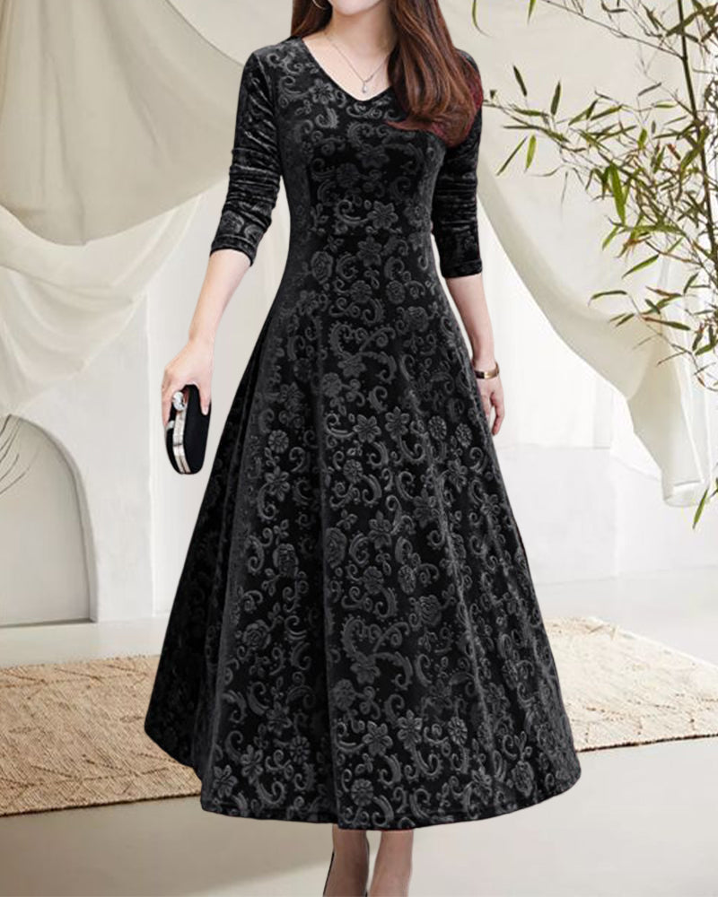 Fluwelen Jurk Lange Mouwen Elegante Vrouwelijke Midi Jurk