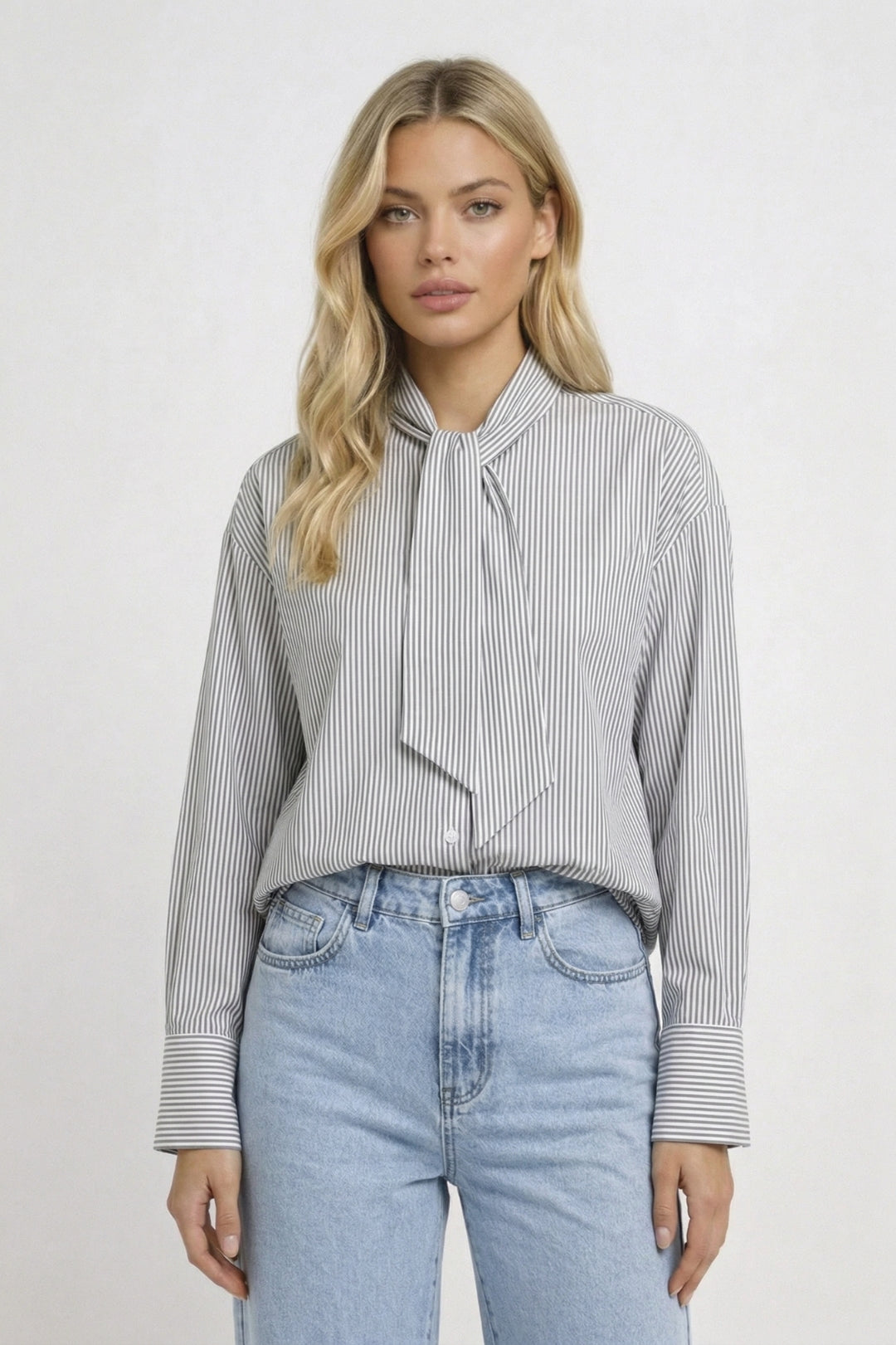 Dames Blouse Gestreept met Strik en Knoopsluiting