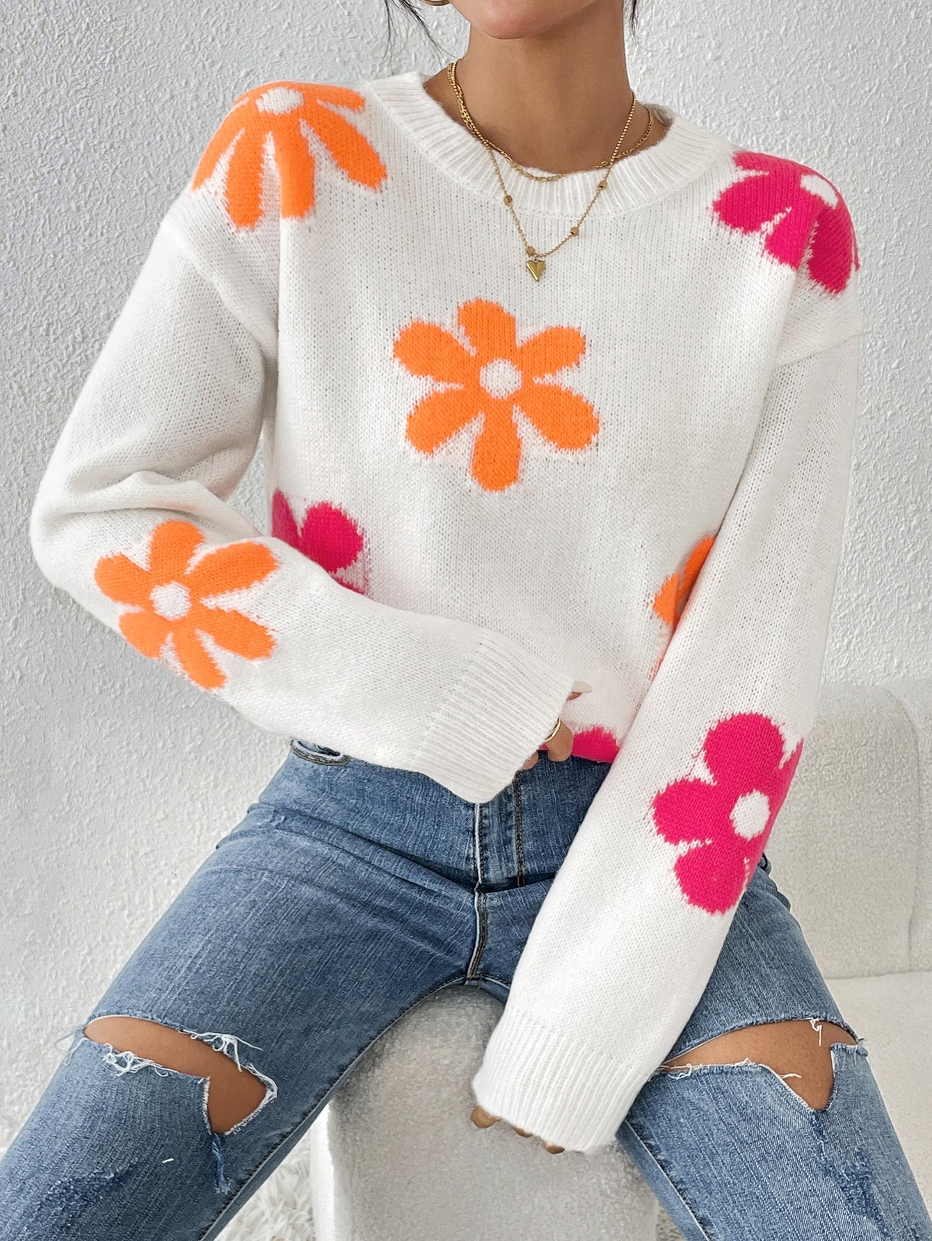 Vrouwelijke Gebreide Trui met Bloemenprint