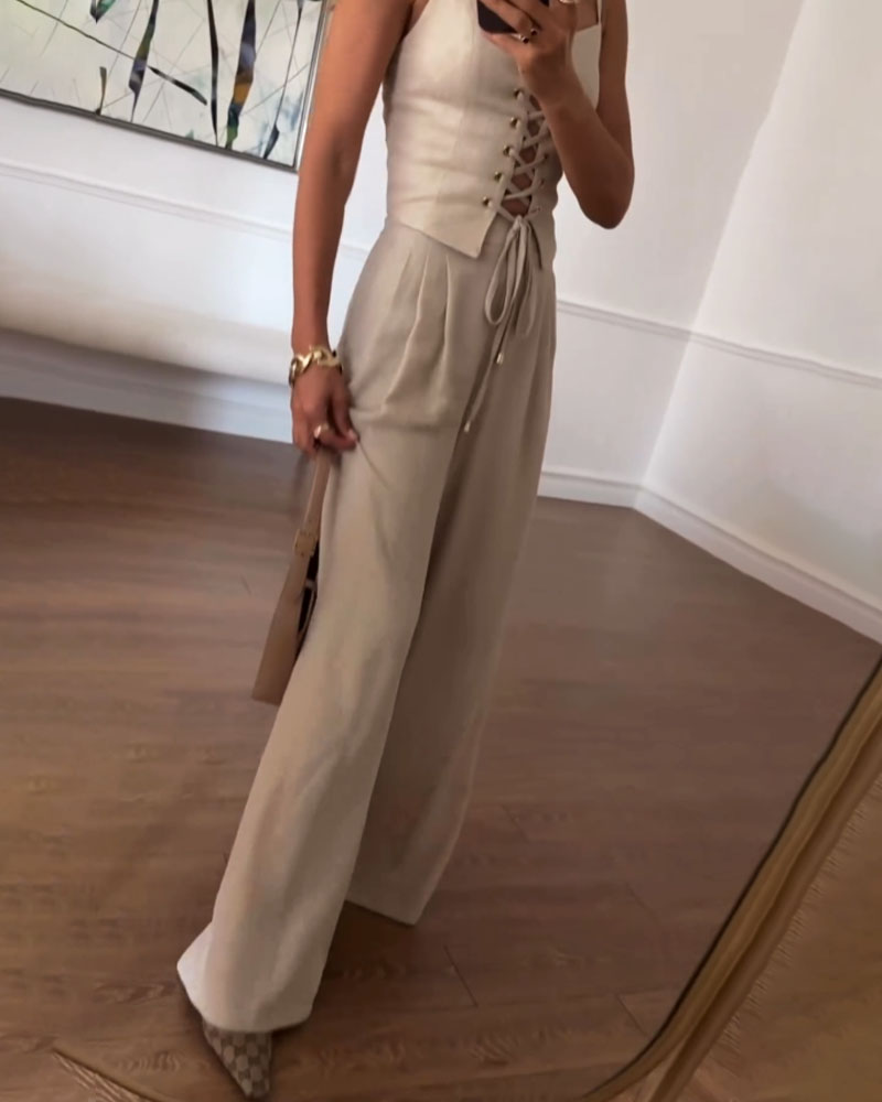Dames Tweedelige Set Tweed met Strik Wijde Broek