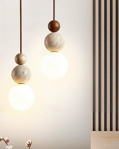 Sculptuur Hanglamp met Natuursteen en Glazen Bol – Warm Ambient Licht voor Eetkamer Woonkamer Slaapkamer – Japandi Design Hangverlichting