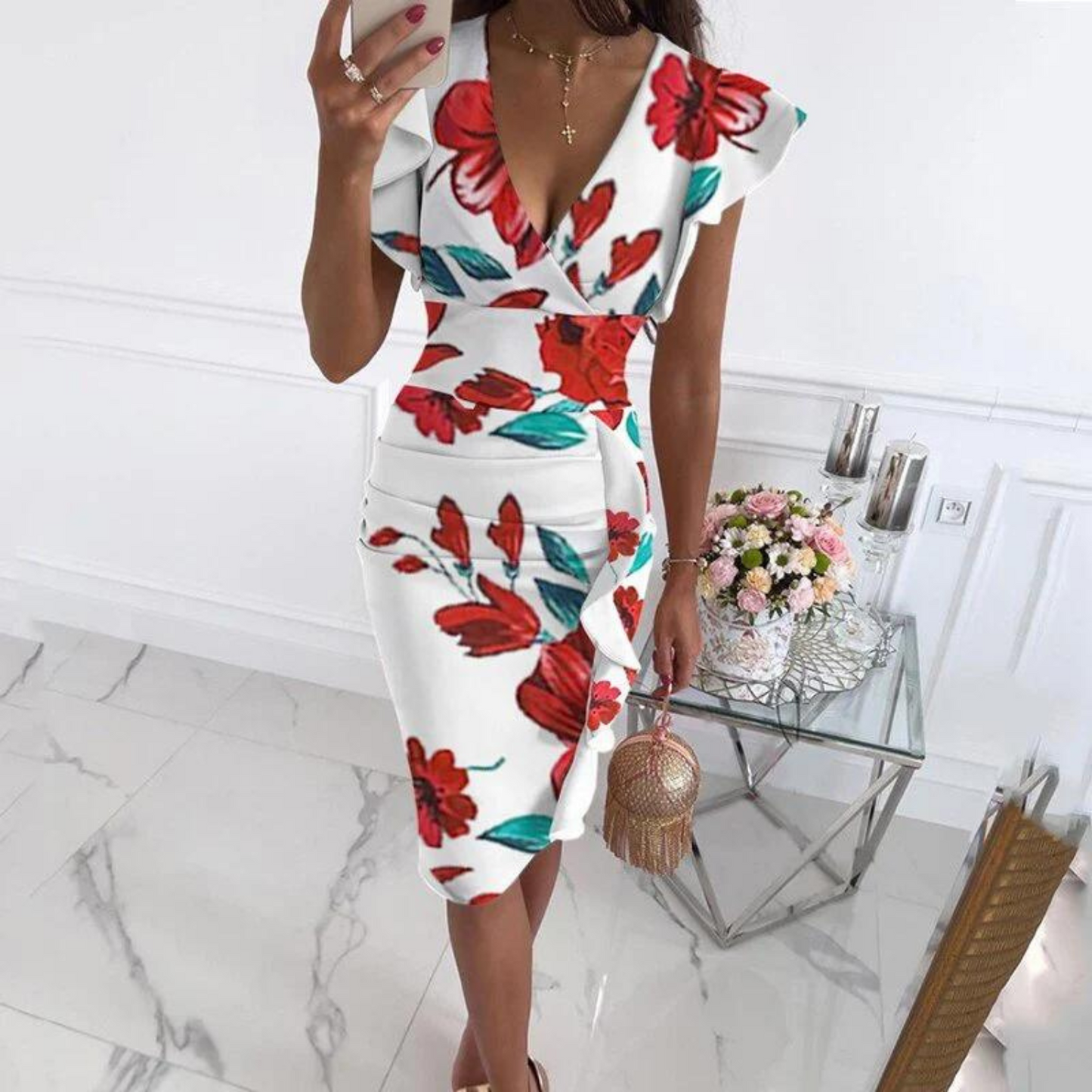 Jurk met Plooi Mouwen en V Hals Elegant Design