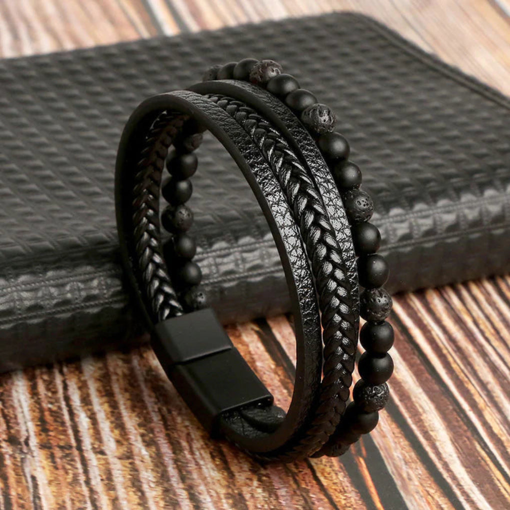 Gelaagde Leren Armband Heren Magnetische Sluiting Zinklegering Steendetails Polsband Moderne Accessoire