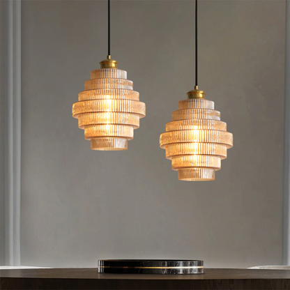 Hanglamp Glas Geribbeld Messing Gelaagd Woonkamer Eettafel Sfeerverlichting Vintage Design