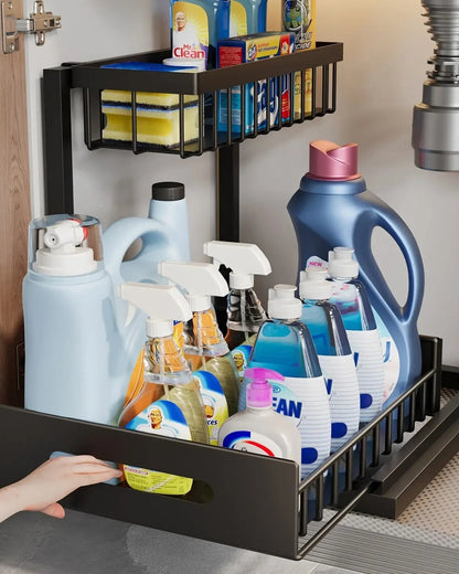 Uitschuifbare Kast Organizer Onder Wastafel Zwart Wit Twee Niveaus Keuken Badkamer Opbergsysteem Schoonmaakspullen Toiletartikelen