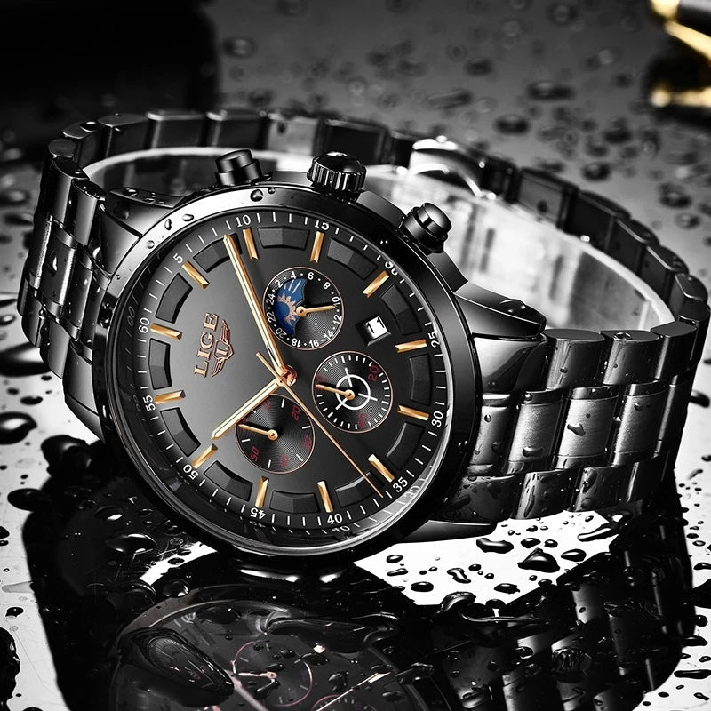 Stalen Herenhorloge Zwart – Elegant Design met Datum & Dag/Nacht – Waterdicht 30M