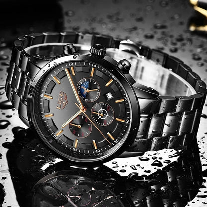 Stalen Herenhorloge Zwart – Elegant Design met Datum & Dag/Nacht – Waterdicht 30M