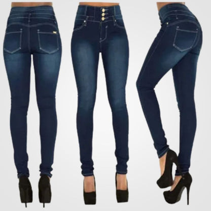 Hoge Taille Jeans Dames Slim Fit Donkerblauw Denim
