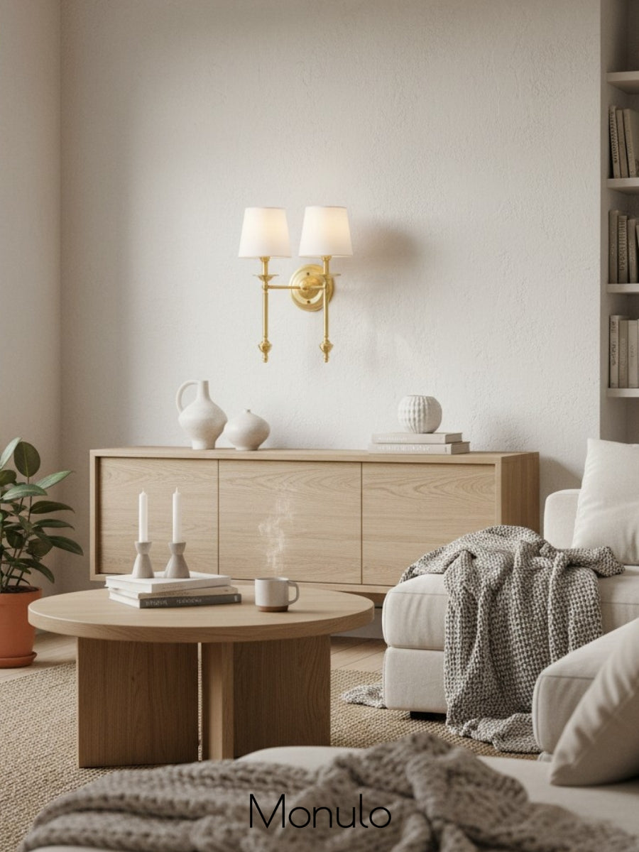 Stoffen Wandlamp met Vintage Koperen Afwerking – Sfeervolle Verlichting voor Hal, Slaapkamer en Woonkamer