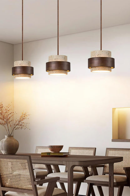 Houten Hanglamp met Travertijn Afwerking – Organische Lichtbron Eetkamer Woonkamer