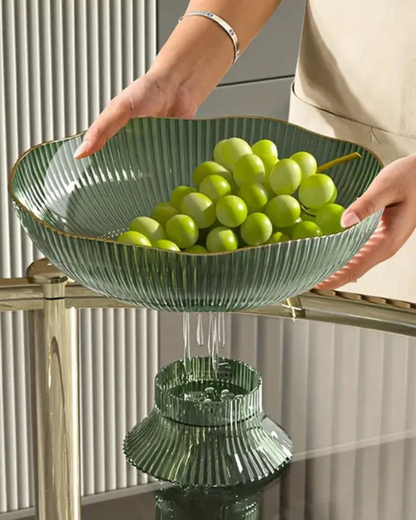 Fruitschaal op Voet met Goudrand Geribbeld Keramiek Transparant Groen Grijs voor Tafelcenterpiece Interieur