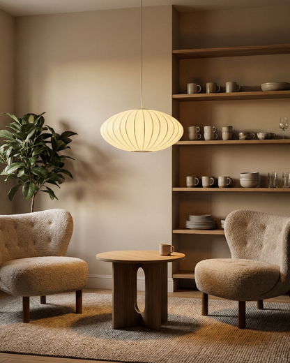 Moderne Ronde Hanglamp Met Geribbelde Kap En Warme Sfeerverlichting