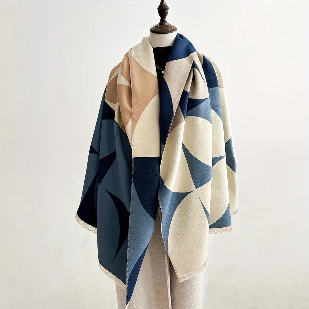 Omkeerbare Sjaal met Geometrisch Blokdesign Warm Zachte Microvezel Poncho voor Herfst en Winter