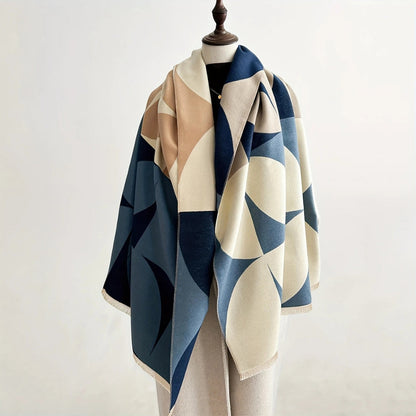 Omkeerbare Sjaal met Geometrisch Blokdesign Warm Zachte Microvezel Poncho voor Herfst en Winter