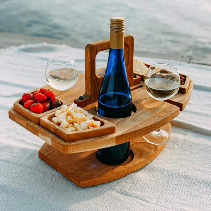 Opvouwbare Houten Wijnpicknicktafel met Fleshouders en Snackcompartimenten | Draagbare Wijnserveerset voor Buiten Park Strand Tuin Balkon