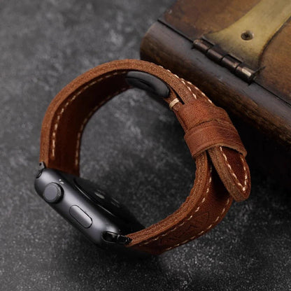Vintage Leren Horlogeband voor Apple Watch met Handgestikte Naden en Volledig Narfleder Afwerking | Verstelbare Bandje 40-49mm voor Authentieke Retro Look Patina Ontwikkeling