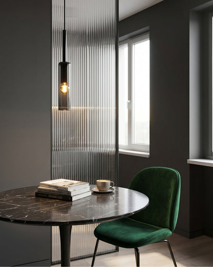 Gerookte Glazen Hanglamp met Minimalistische Metalen Structuur – Moderne Sfeerverlichting voor Eetkamer, Slaapkamer en Woonkamer