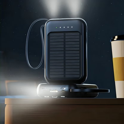 Oplaadbare Powerbank 20000mAh met Zonnepaneel, LED-Zaklamp en Ingebouwde Kabels – Draagbare Noodaccu met Dubbele USB- en Type-C-Aansluiting voor Smartphone en Tablet