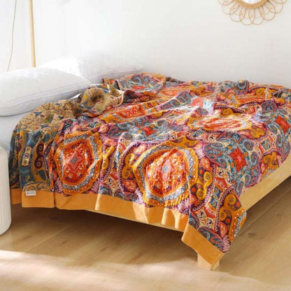 Omkeerbare Plaid in Boho-Stijl met Koelend Effect – Dubbelzijdig Zomerdeken met Vochtafvoer – Zacht Katoenen Sprei voor Warme Nachten – Moderne Deken met Zonsopgang-Patroon