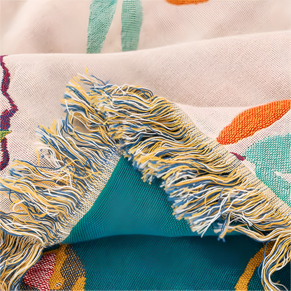 Katoenen Plaid met Vogelmotief en Kwastjes – Vintage Boho Stijl Deken voor Bank, Bed of Picknick